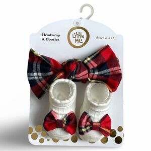 Little Me 0-12 Month Holiday Plaid Head-wrap with Bow & Matching Bootie Set NWT